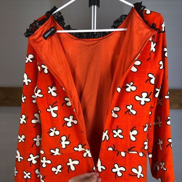 Vintage Orange‎ White Retro Pattern Dress with Lace Velvet Front Sz L - Picture 8 of 8